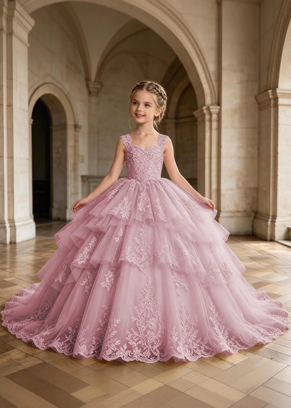 Tiered Lace Sleeveless Flower Girl Ball Gown Dress