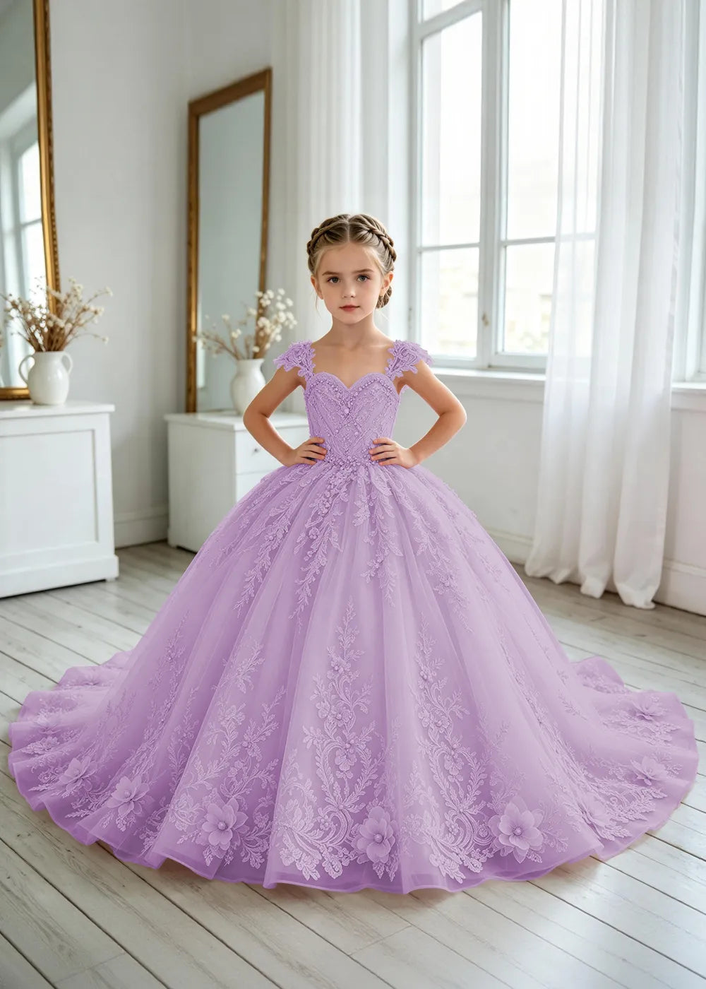 Floral V-Neck Lace Flower Girl Ball Gown Dress