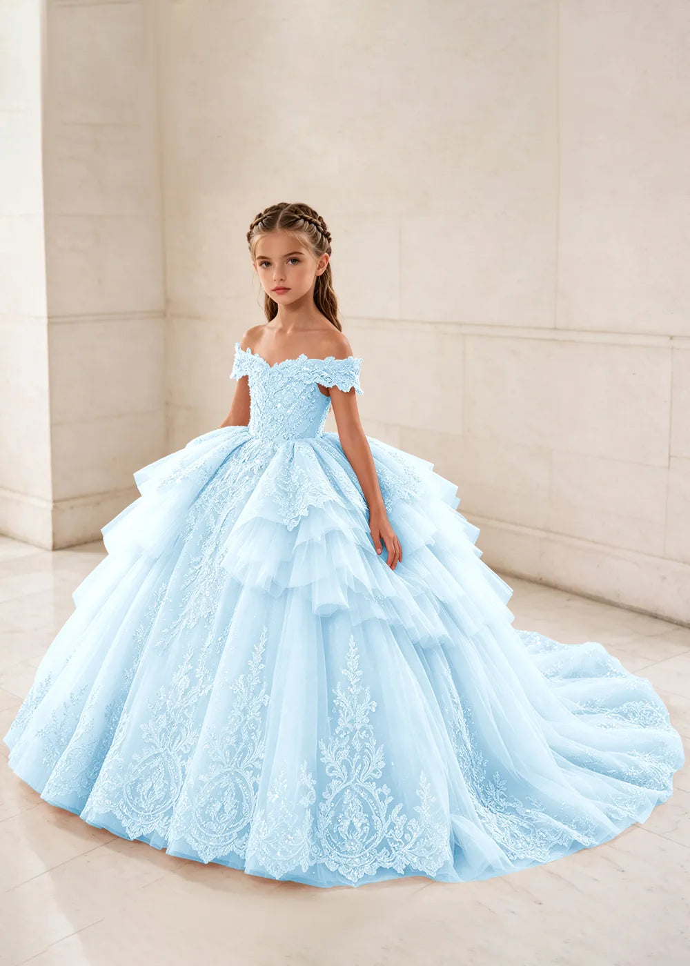Ruffled Off Shoulder Lace Princess Dress for Girls
