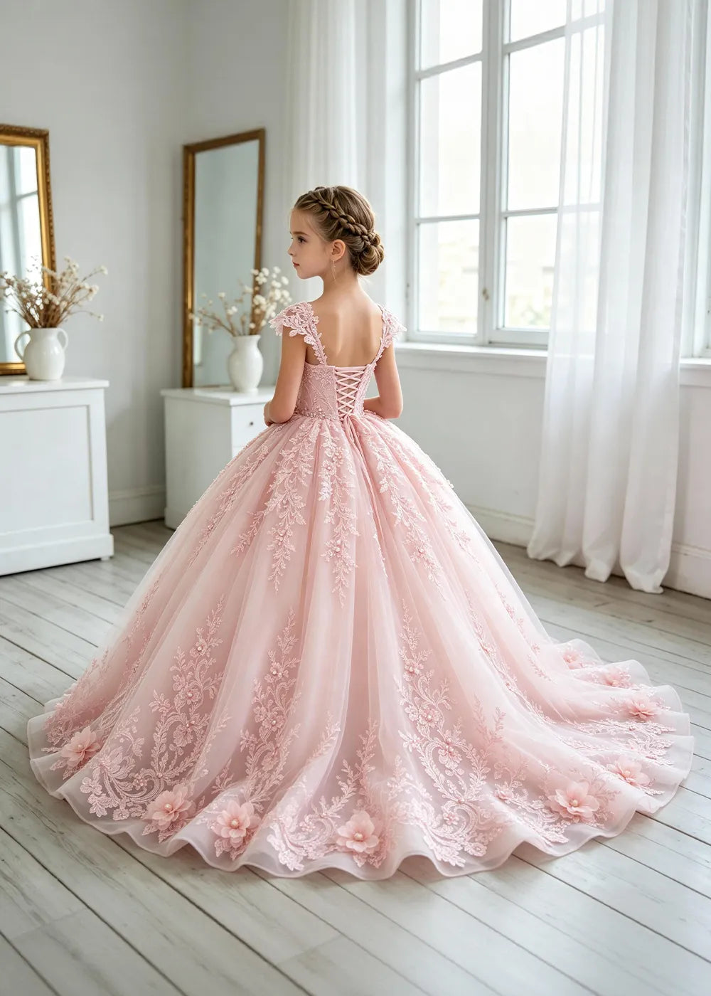 Floral V-Neck Lace Flower Girl Ball Gown Dress