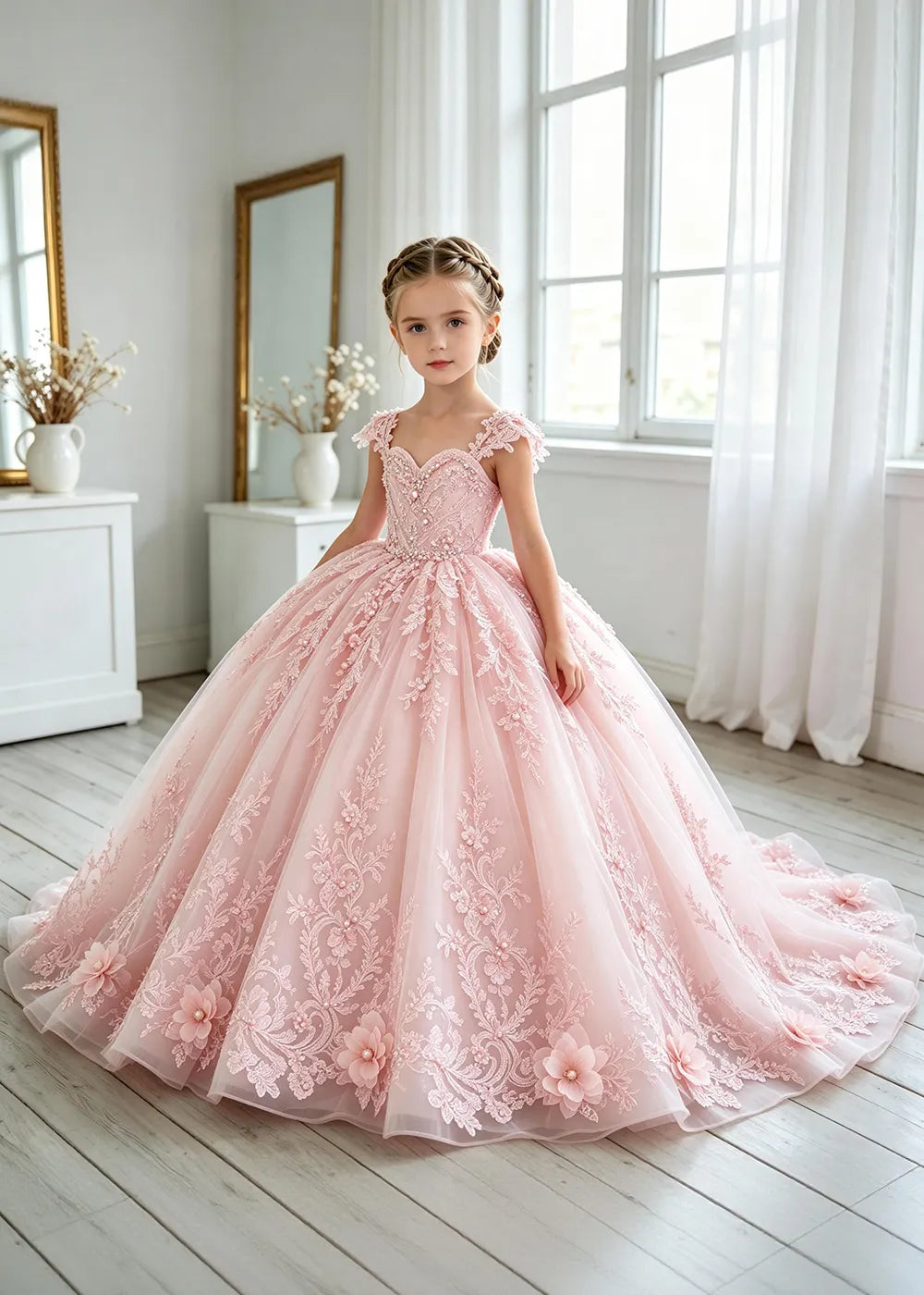 Floral V-Neck Lace Flower Girl Ball Gown Dress