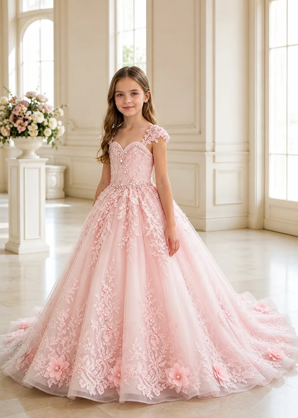 Floral V-Neck Lace Flower Girl Ball Gown Dress