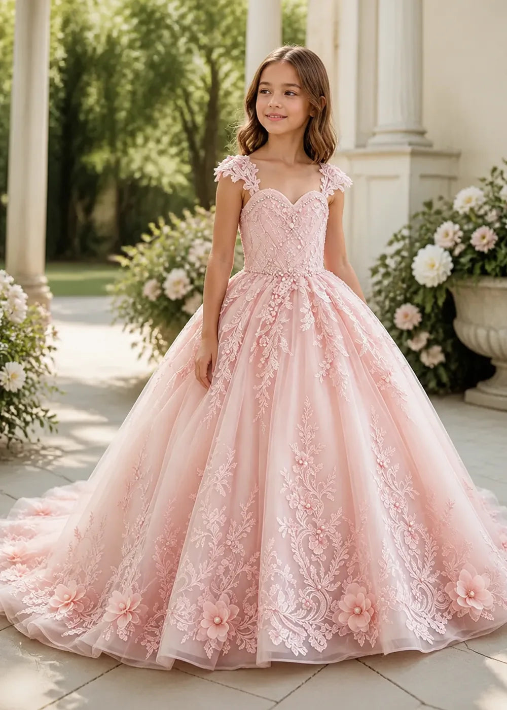 Floral V-Neck Lace Flower Girl Ball Gown Dress