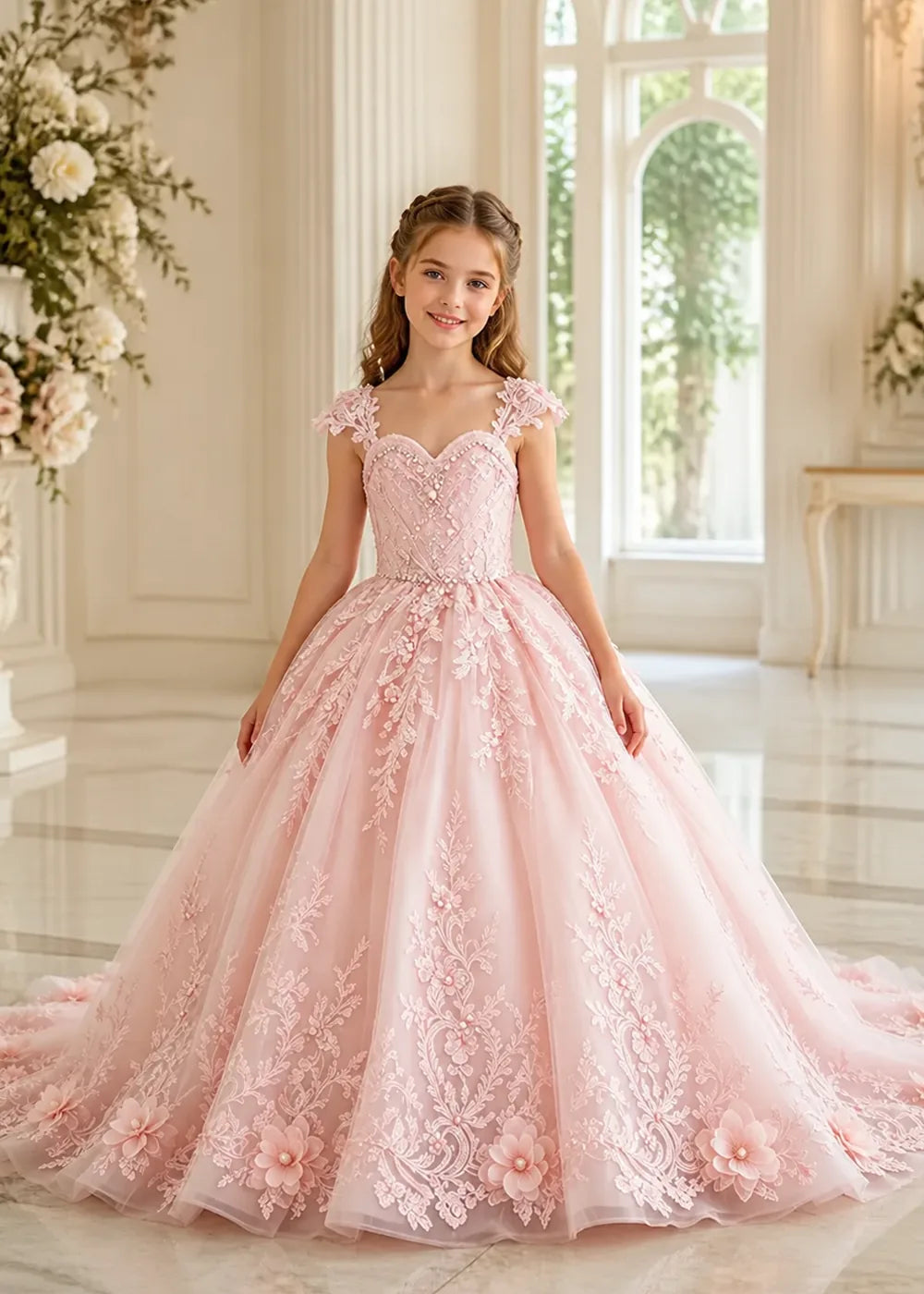 Floral V-Neck Lace Flower Girl Ball Gown Dress