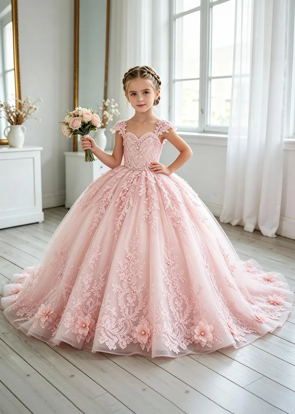 Floral V-Neck Lace Flower Girl Ball Gown Dress