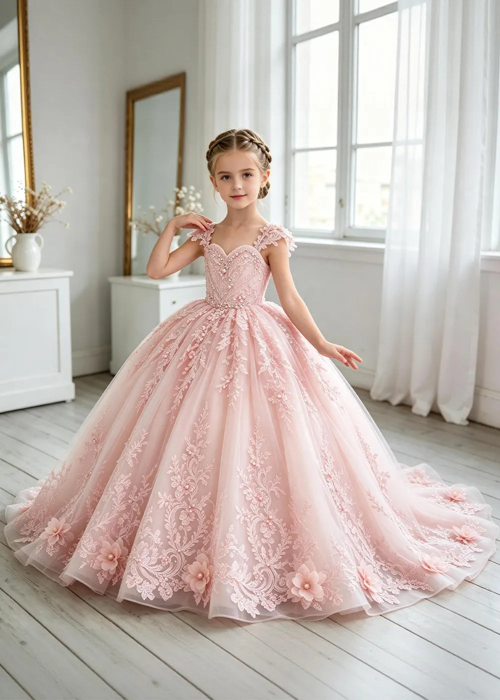 Floral V-Neck Lace Flower Girl Ball Gown Dress
