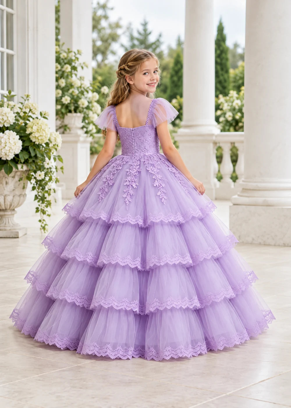 Pale Lavender Four-Tier Flower Girl Gown with Front Bow