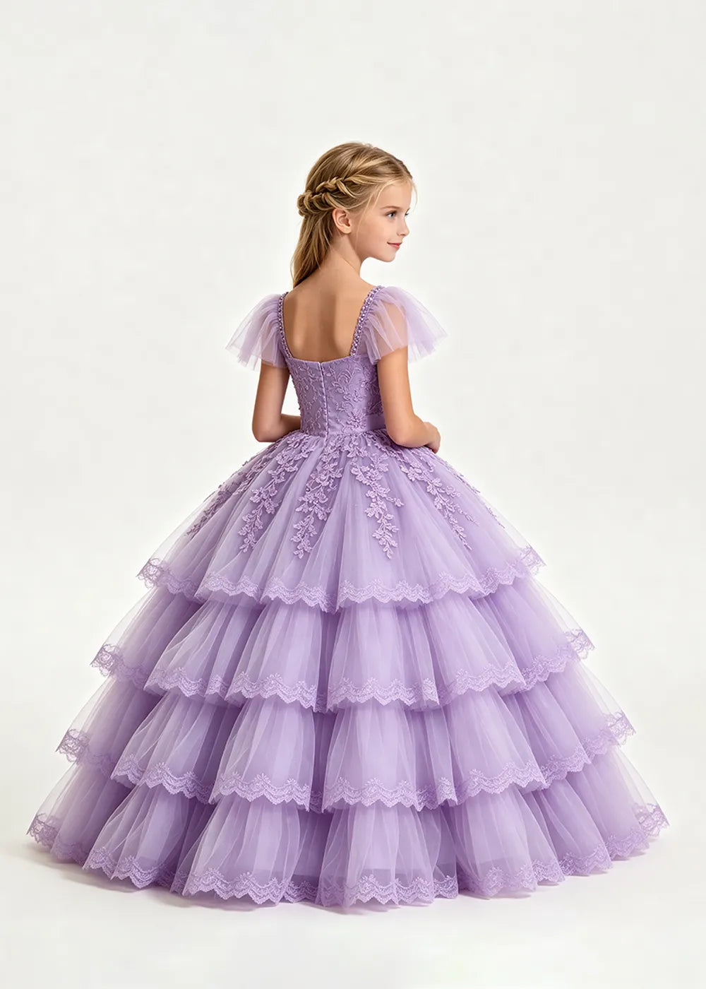 Pale Lavender Four-Tier Flower Girl Gown with Front Bow