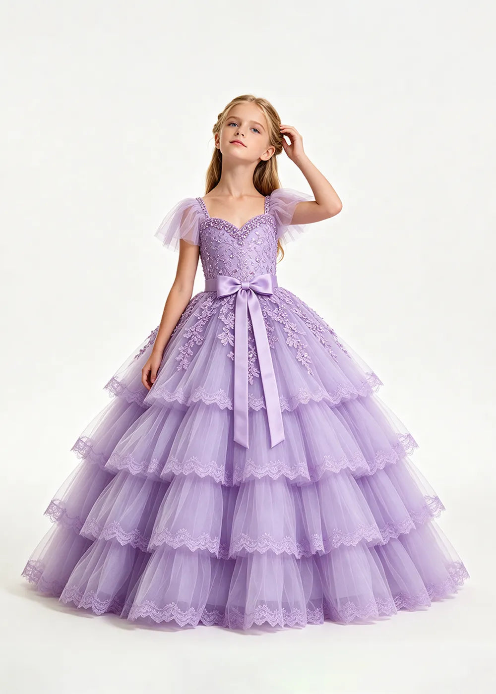 Pale Lavender Four-Tier Flower Girl Gown with Front Bow
