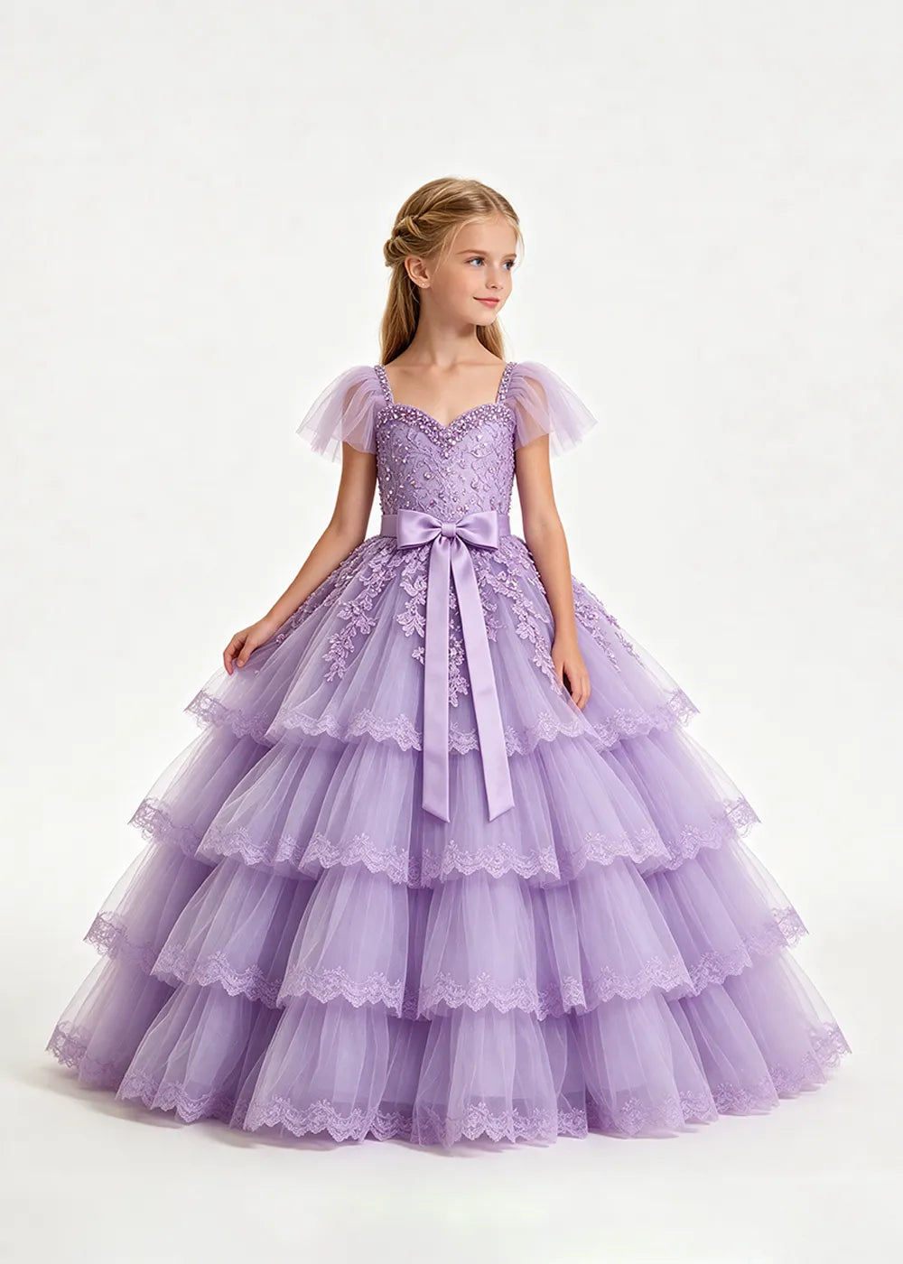 Pale Lavender Four-Tier Flower Girl Gown with Front Bow