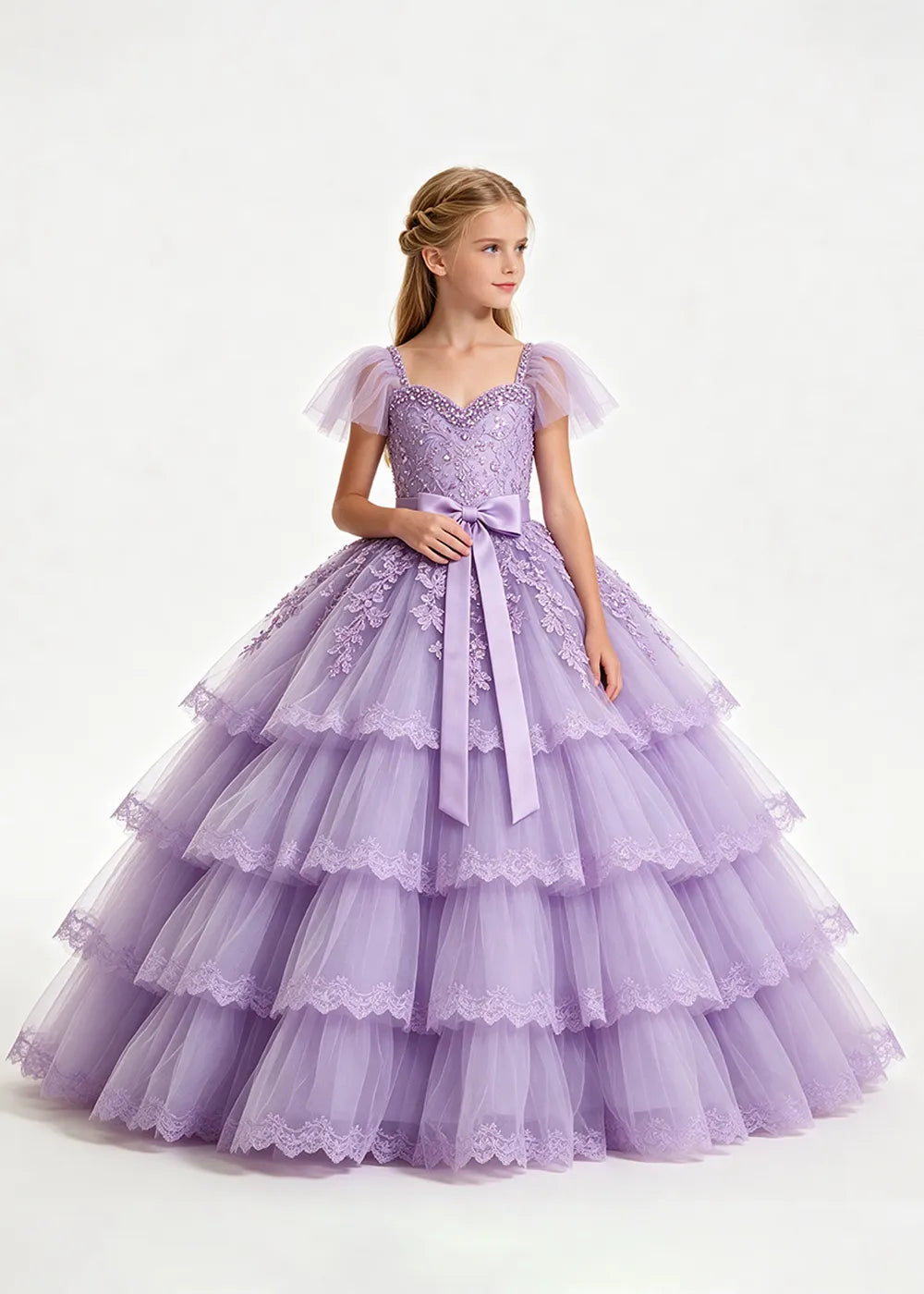Pale Lavender Four-Tier Flower Girl Gown with Front Bow