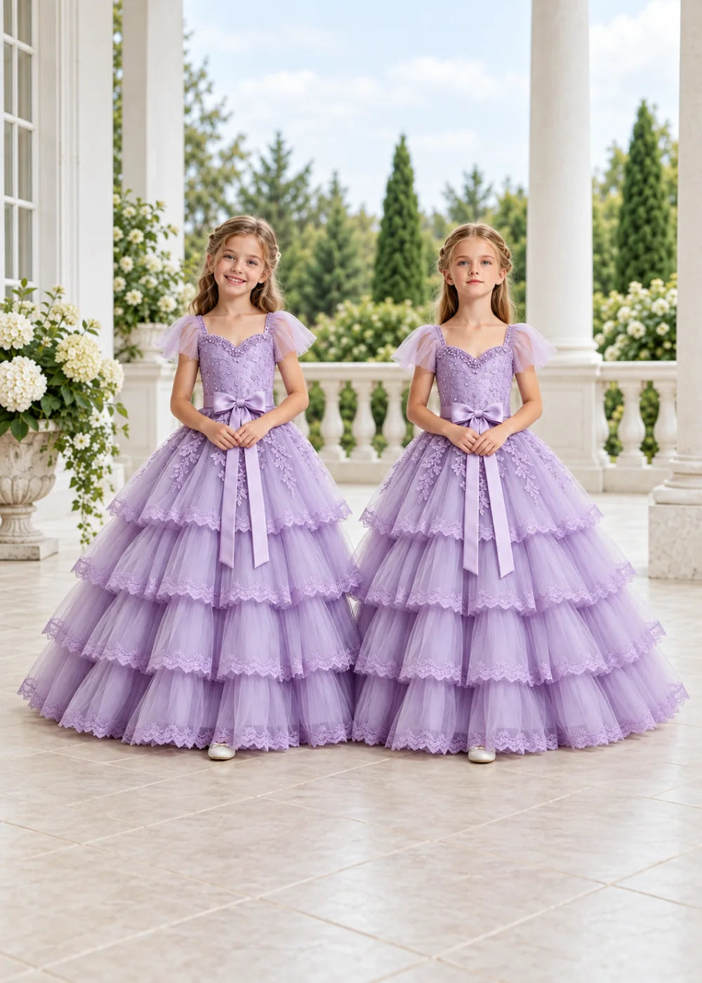 Pale Lavender Four-Tier Flower Girl Gown with Front Bow