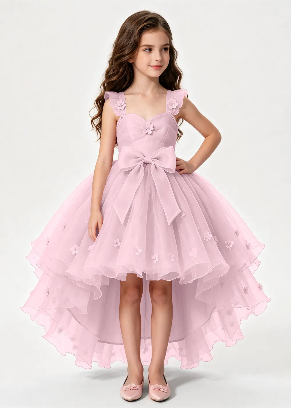 Dusty Rose High-Low Flower Girl Dress with Large Front Bow