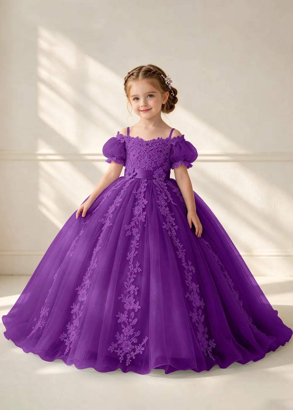 Puff Sleeve Floral Lace Flower Girl Ball Gown Dress