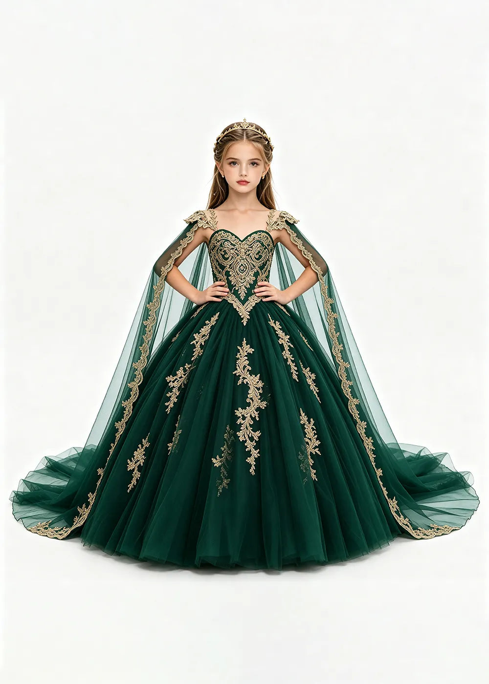 Gold Appliqué Cape Flower Girl Ball Gown Dress