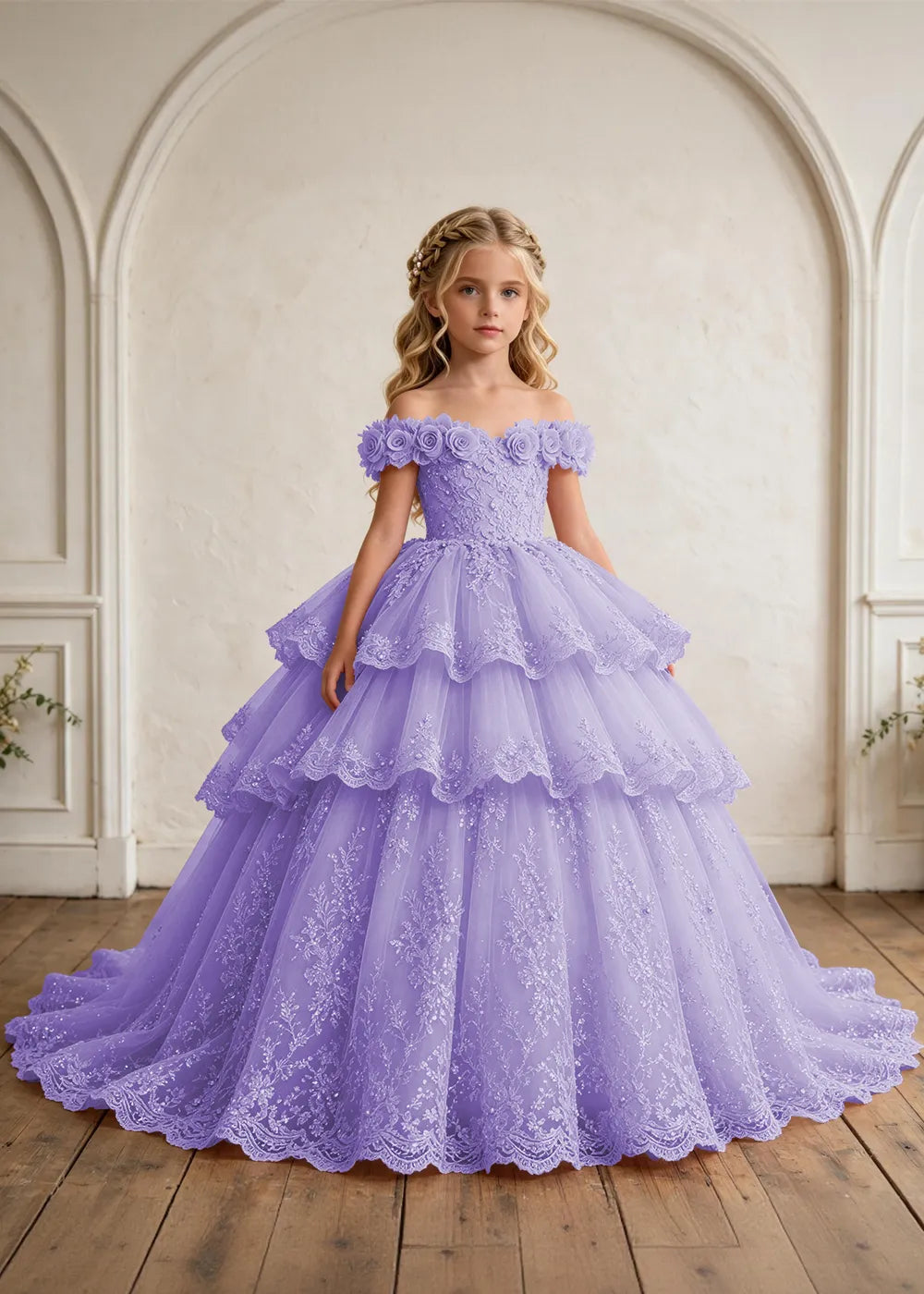 Off Shoulder Tiered Lace Flower Girl Ball Gown Dress