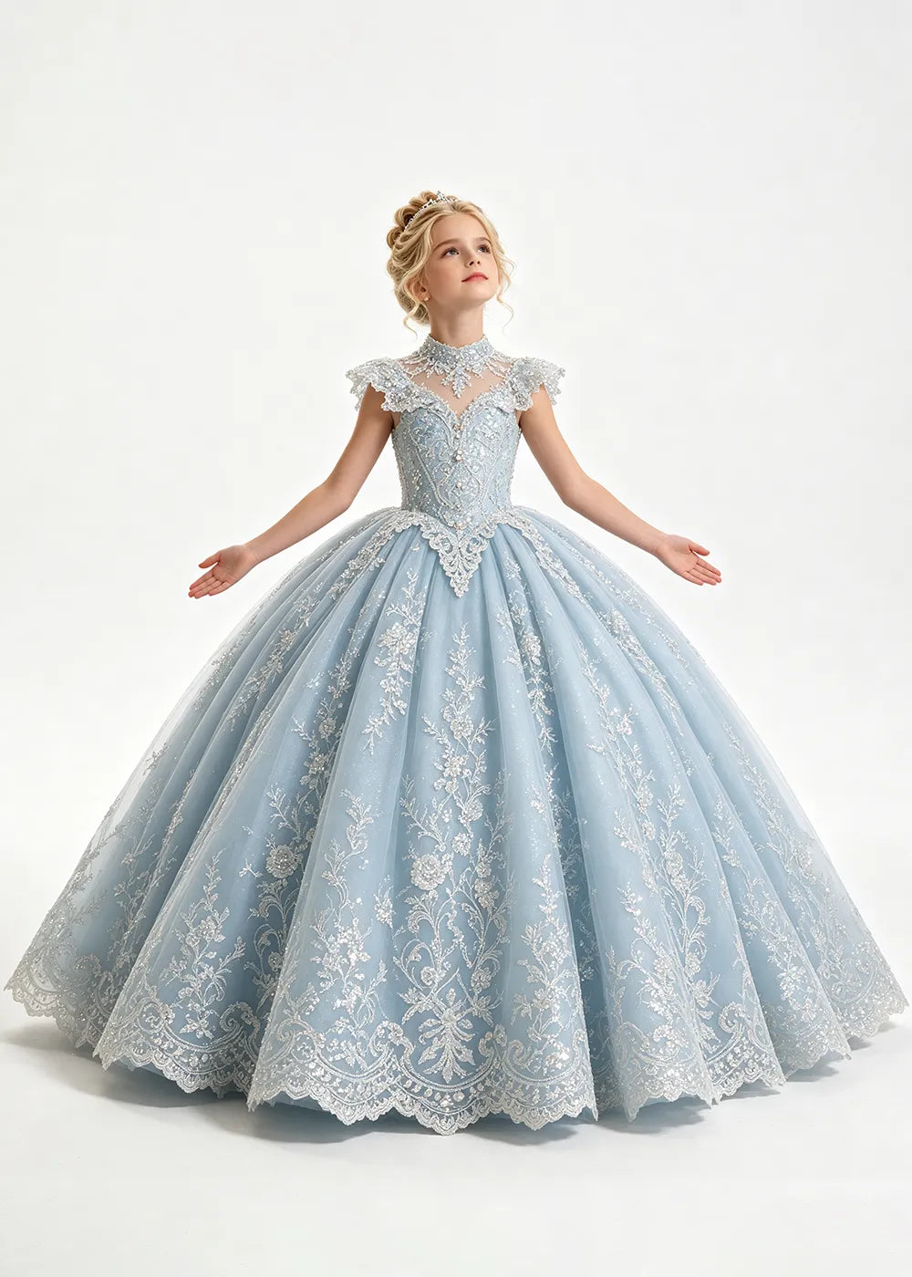 Pale Silver-Gray Blue Flower Girl Ball Gown with High Floral Collar