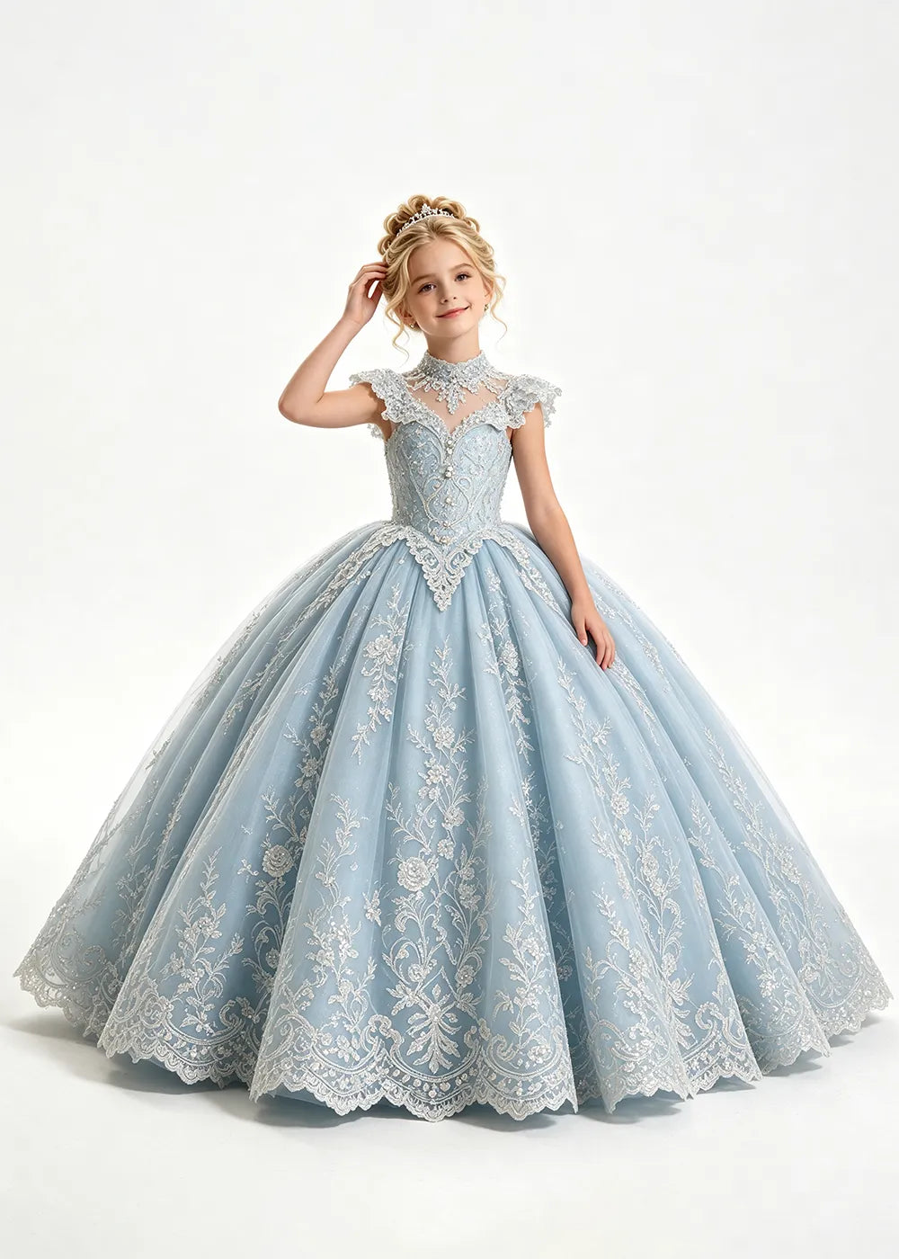 Pale Silver-Gray Blue Flower Girl Ball Gown with High Floral Collar