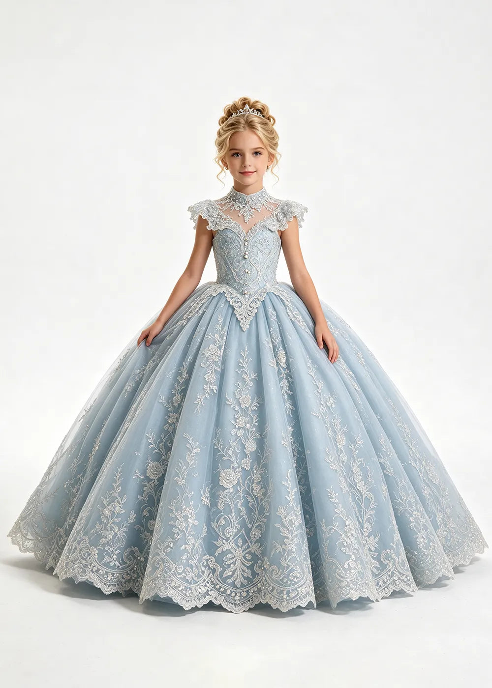 Pale Silver-Gray Blue Flower Girl Ball Gown with High Floral Collar