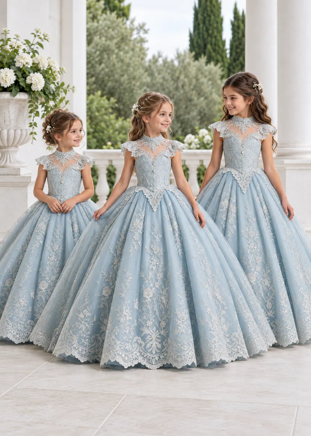 Pale Silver-Gray Blue Flower Girl Ball Gown with High Floral Collar