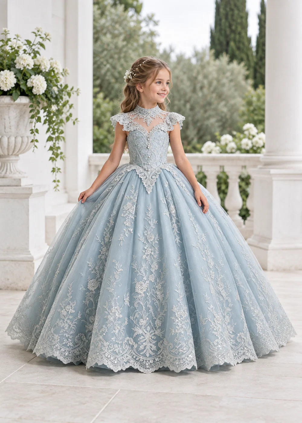 Pale Silver-Gray Blue Flower Girl Ball Gown with High Floral Collar