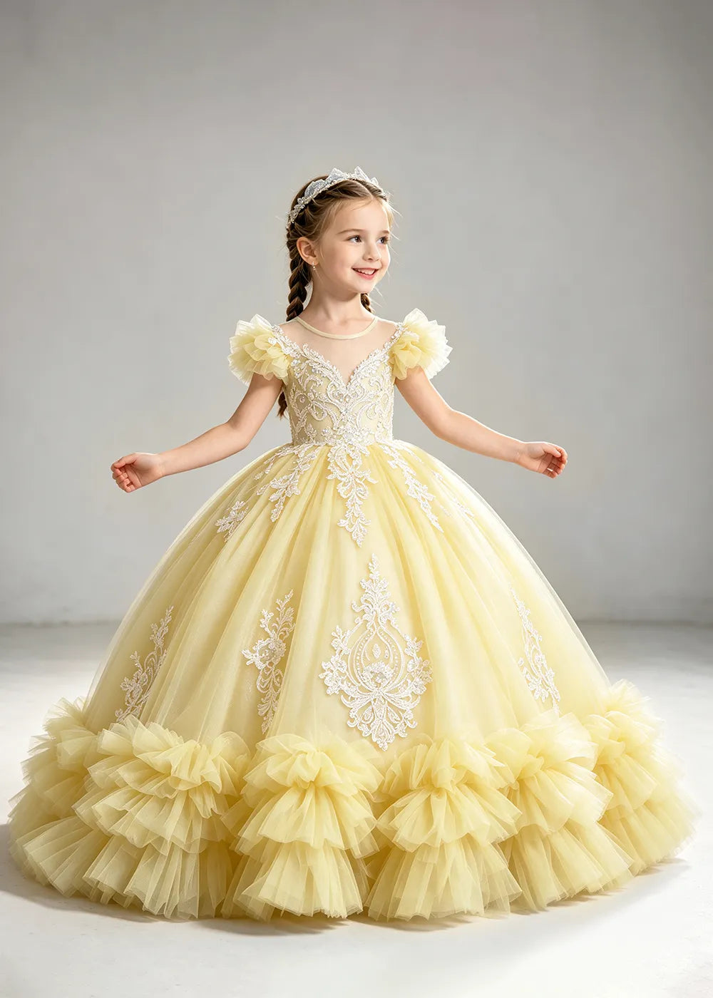 Muted Dusty Blue Flower Girl Ball Gown with White Floral Detail