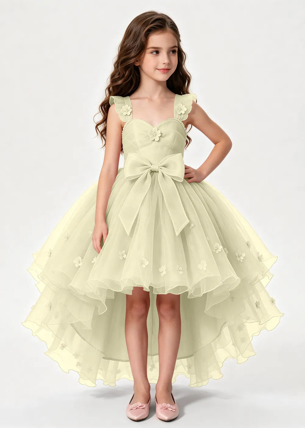 Dusty Rose High-Low Flower Girl Dress with Large Front Bow