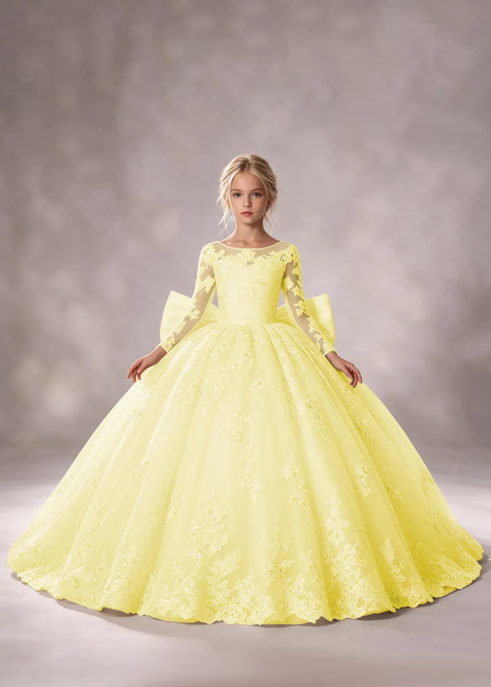 Flower girl dress in Pale Yellow, front view.