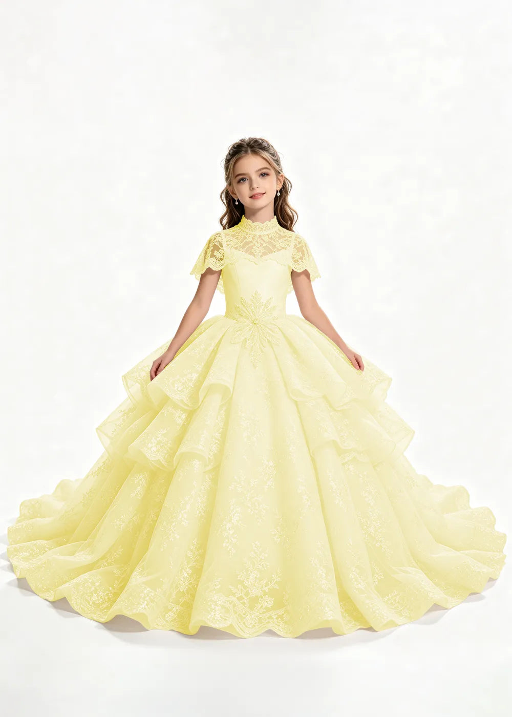 Flower girl dress in Pale Yellow, front view.