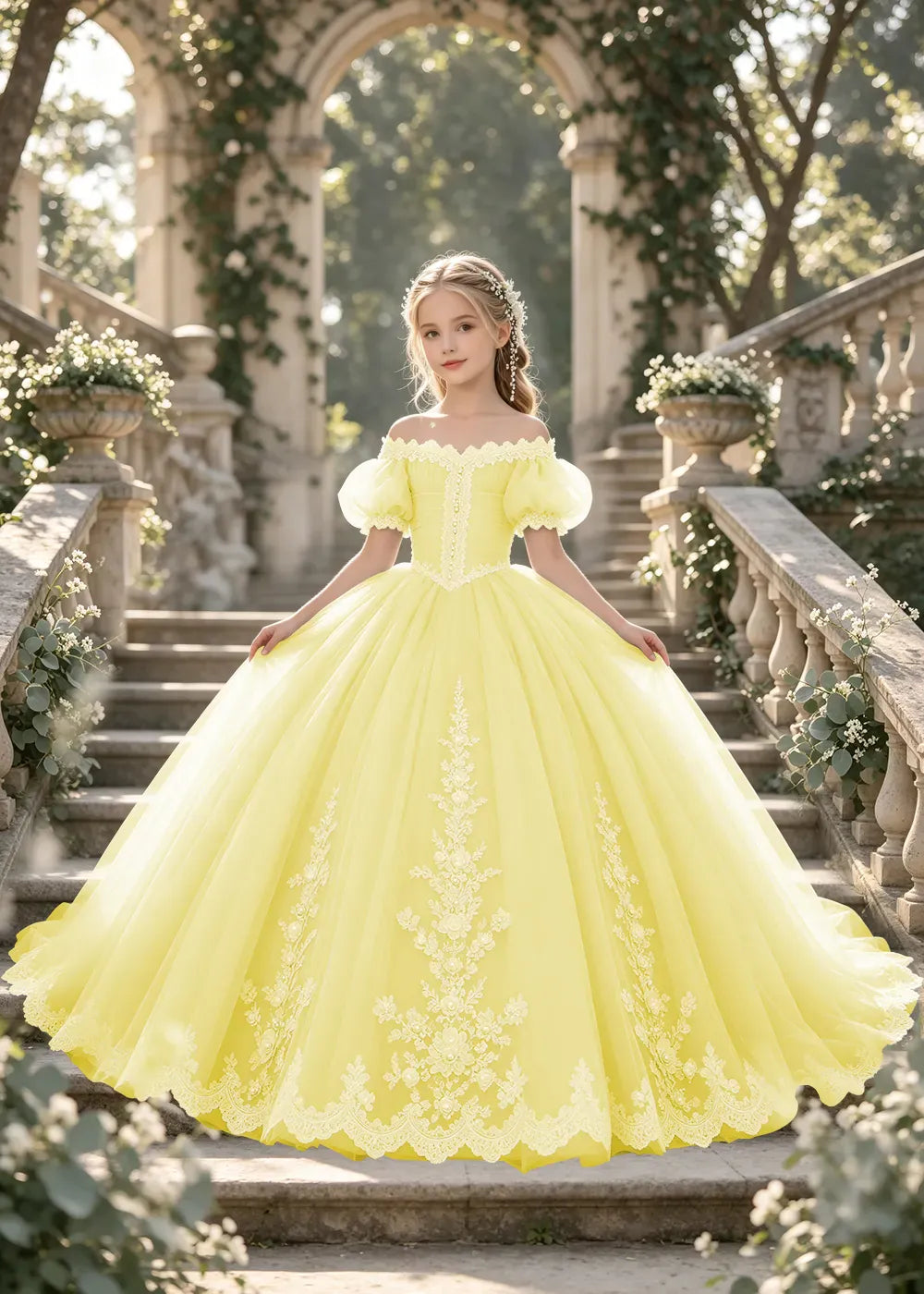 Flower girl dress in Pale Yellow, front view.