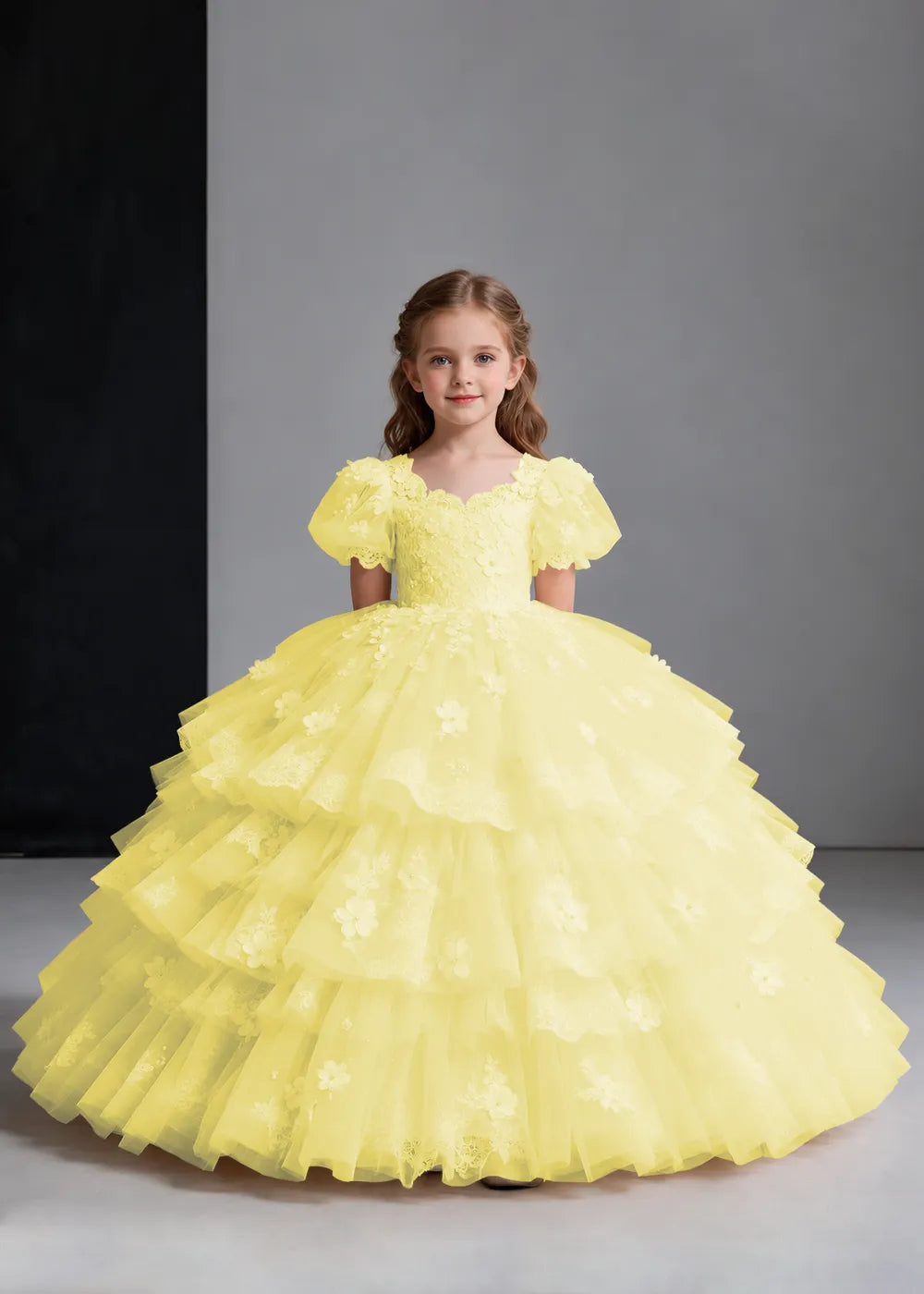 Flower girl dress in Pale Yellow, front view.
