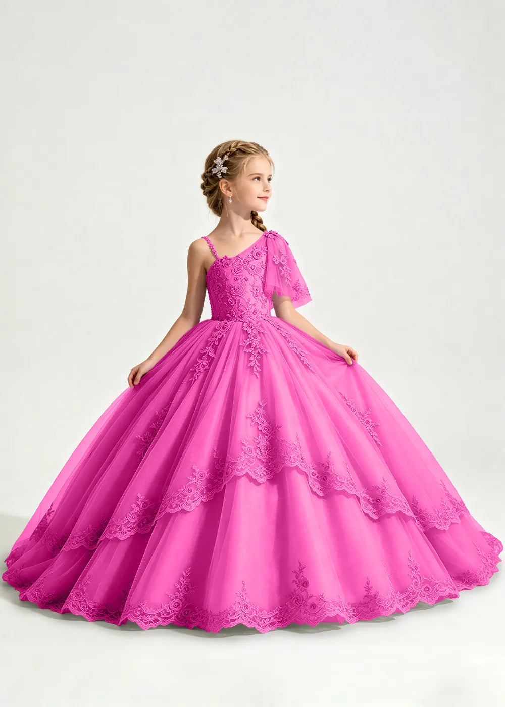 One-Shoulder Floral Lace Flower Girl Ball Gown Dress
