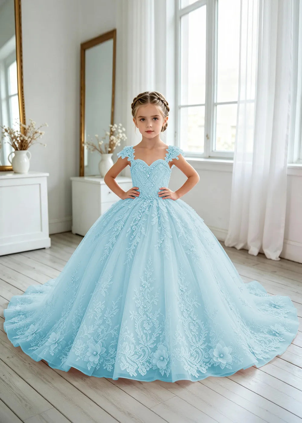 Floral V-Neck Lace Princess Dress for Girls