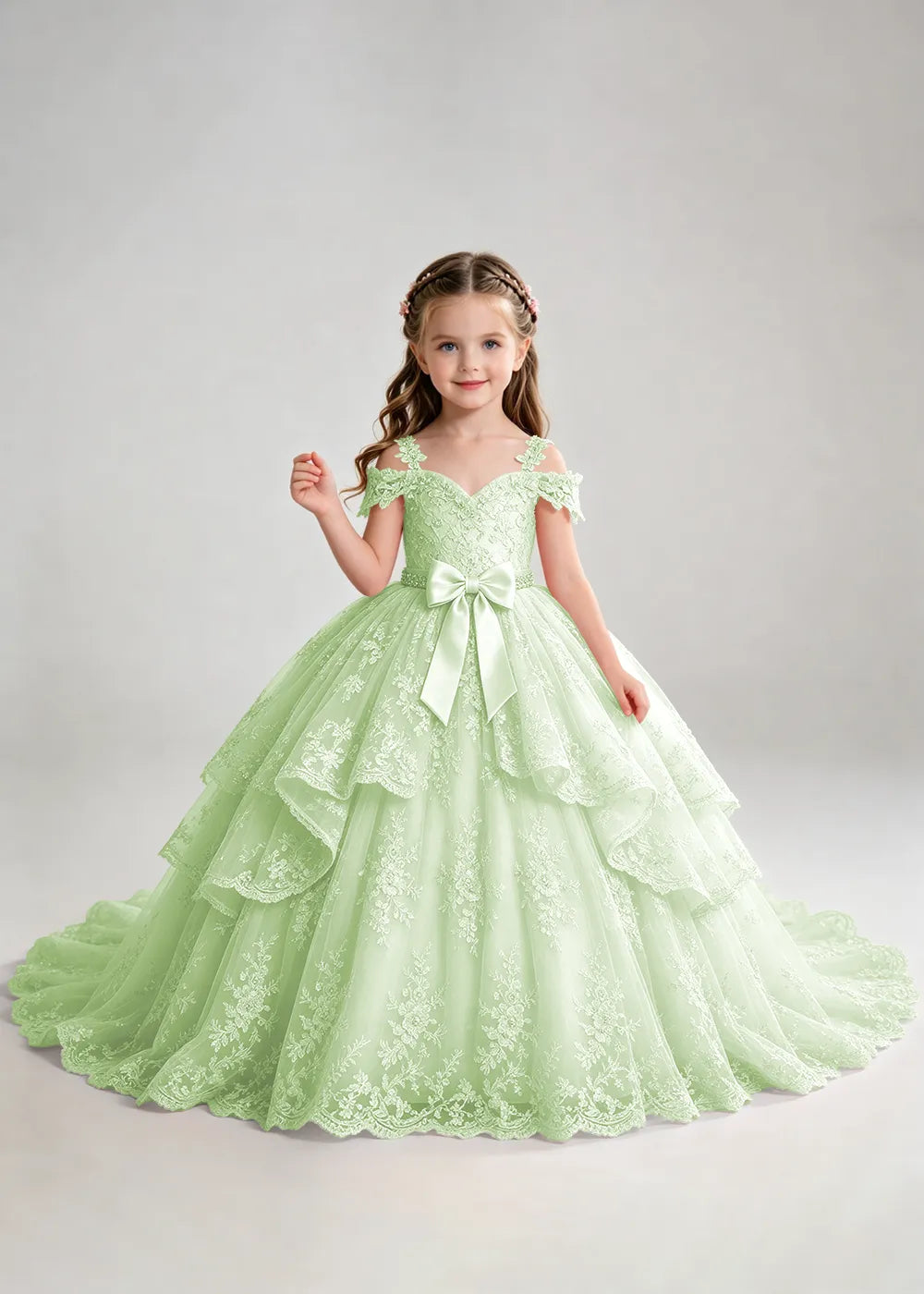 Bow Waist Floral Lace Princess Dress for Girls