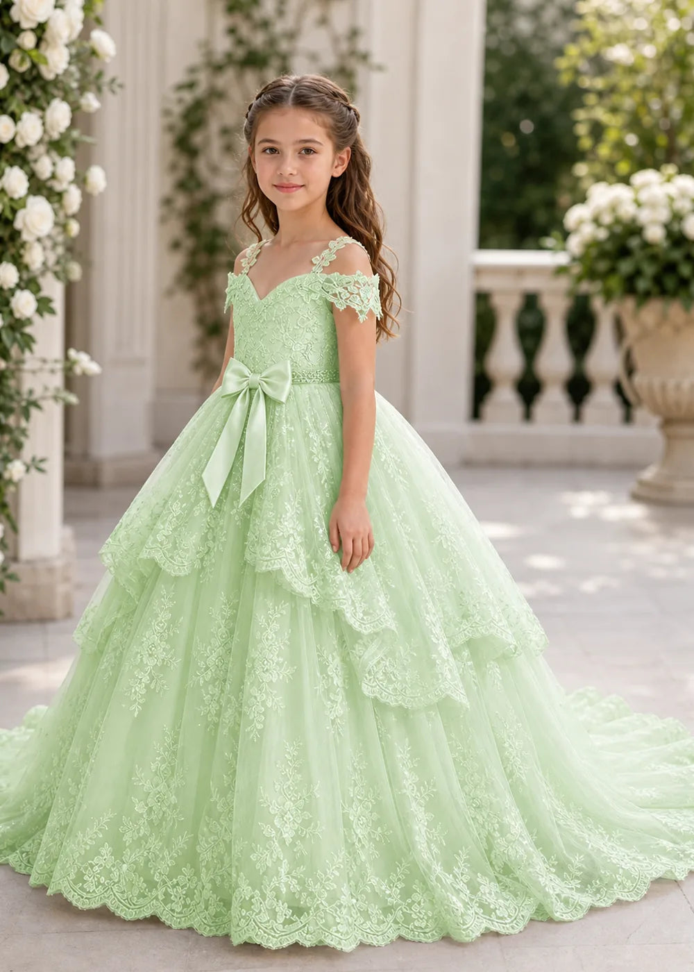 Bow Waist Floral Lace Princess Dress for Girls
