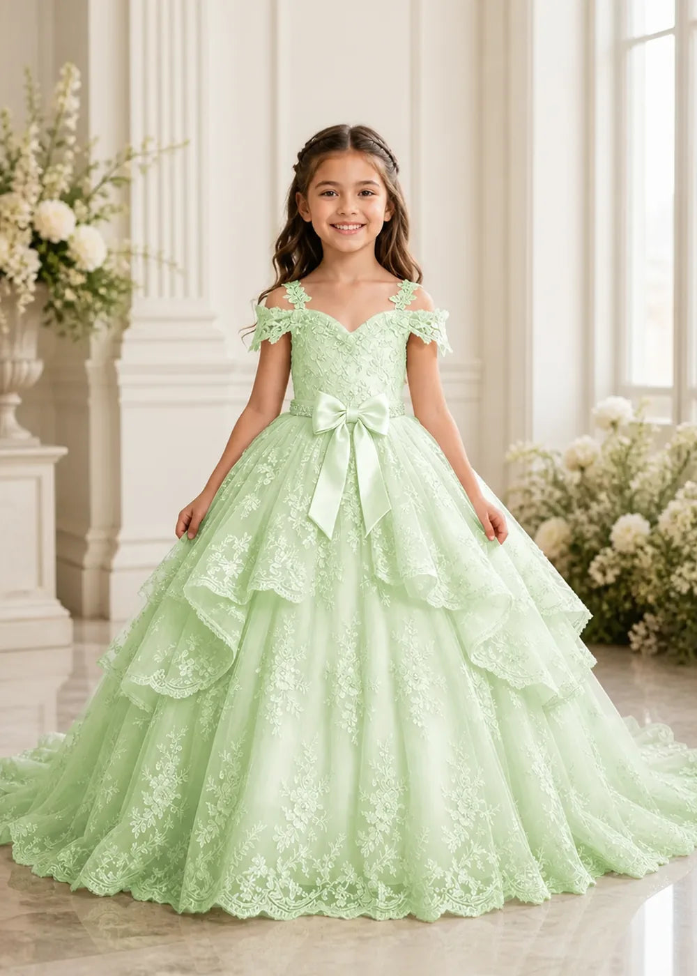 Bow Waist Floral Lace Princess Dress for Girls