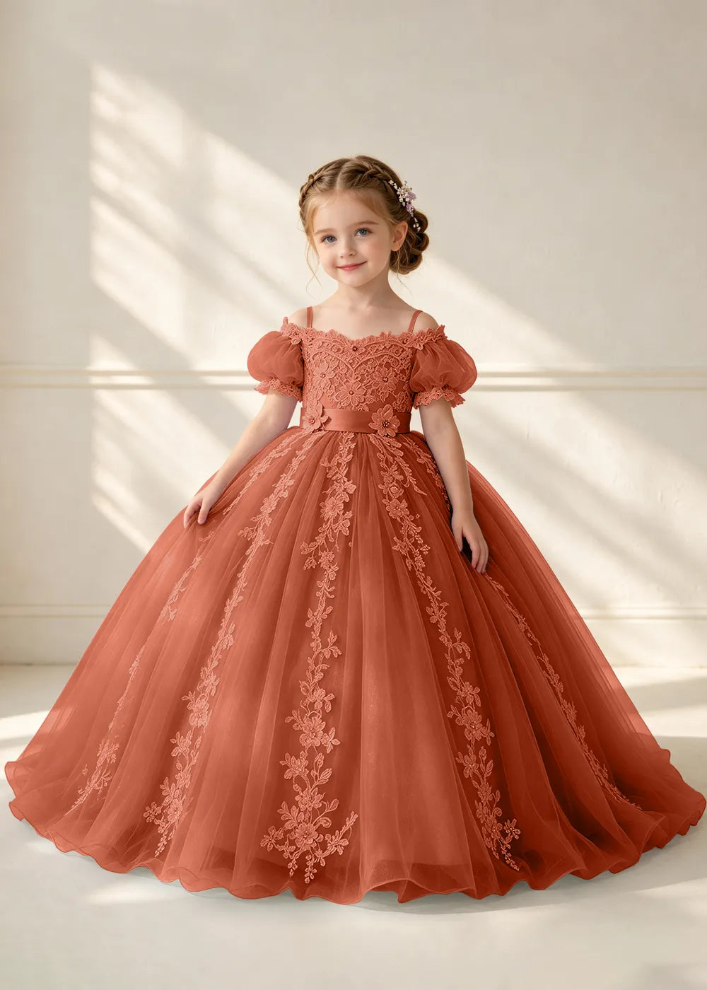 Puff Sleeve Floral Lace Princess Dress for Girls