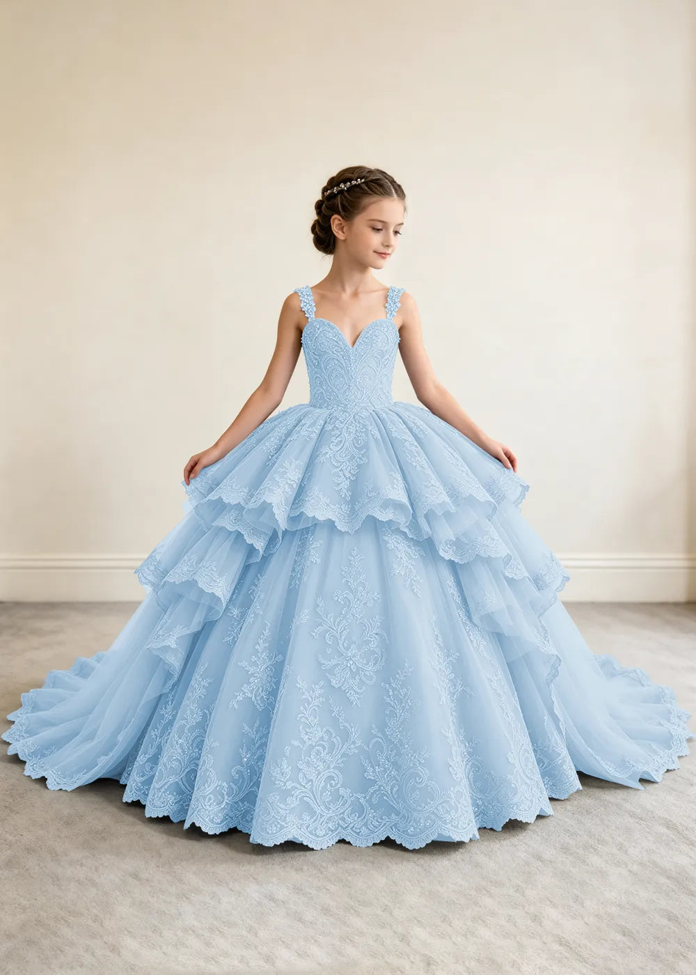 V-Neck Tiered Lace Princess Dress for Girls