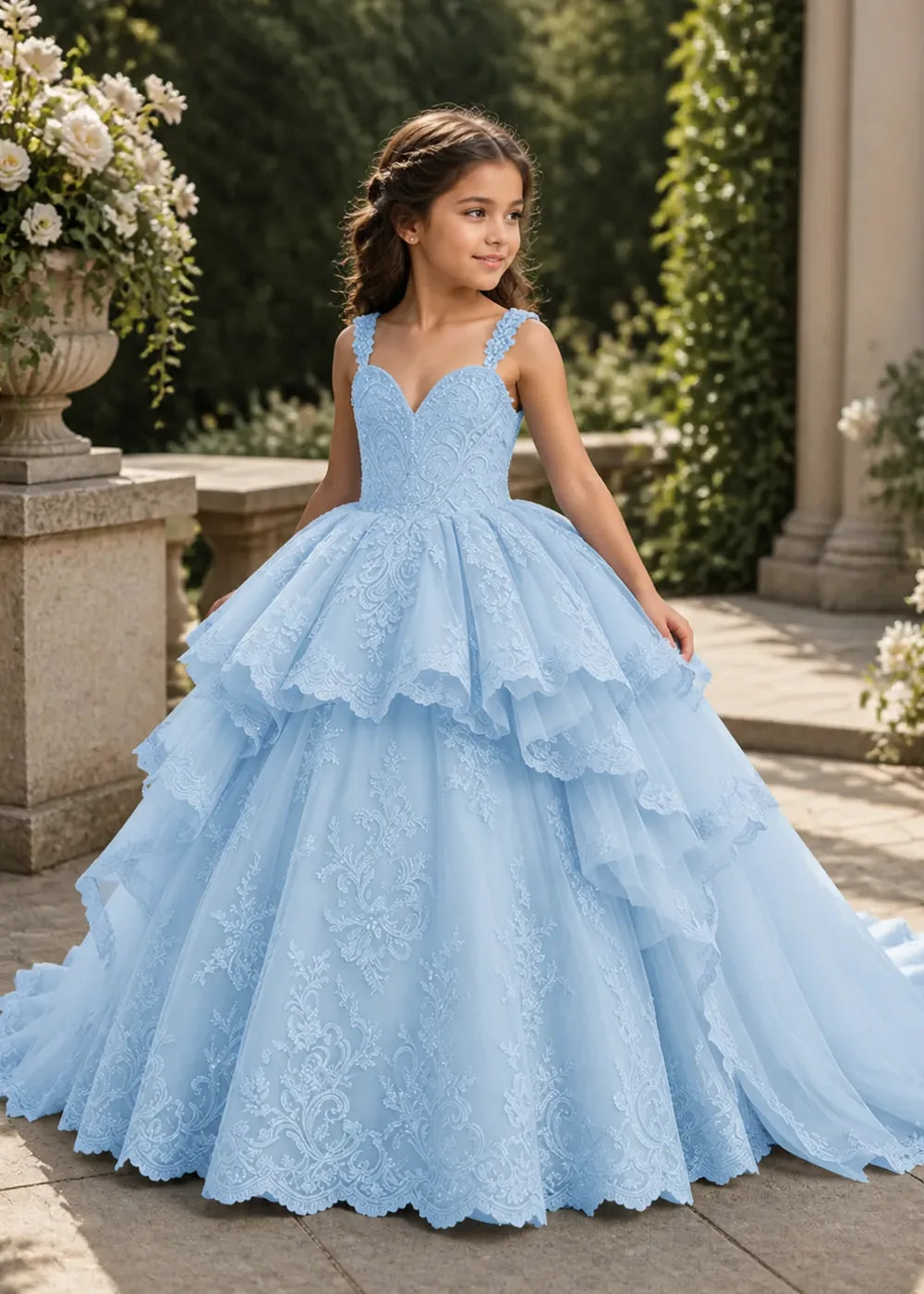 V-Neck Tiered Lace Princess Dress for Girls