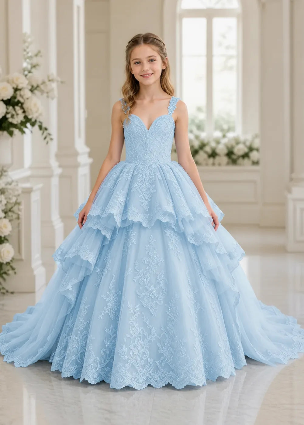 V-Neck Tiered Lace Princess Dress for Girls