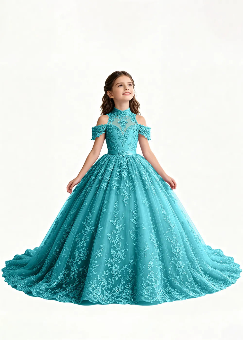 Navy Floral Flower Girl Gown with Open Shoulders