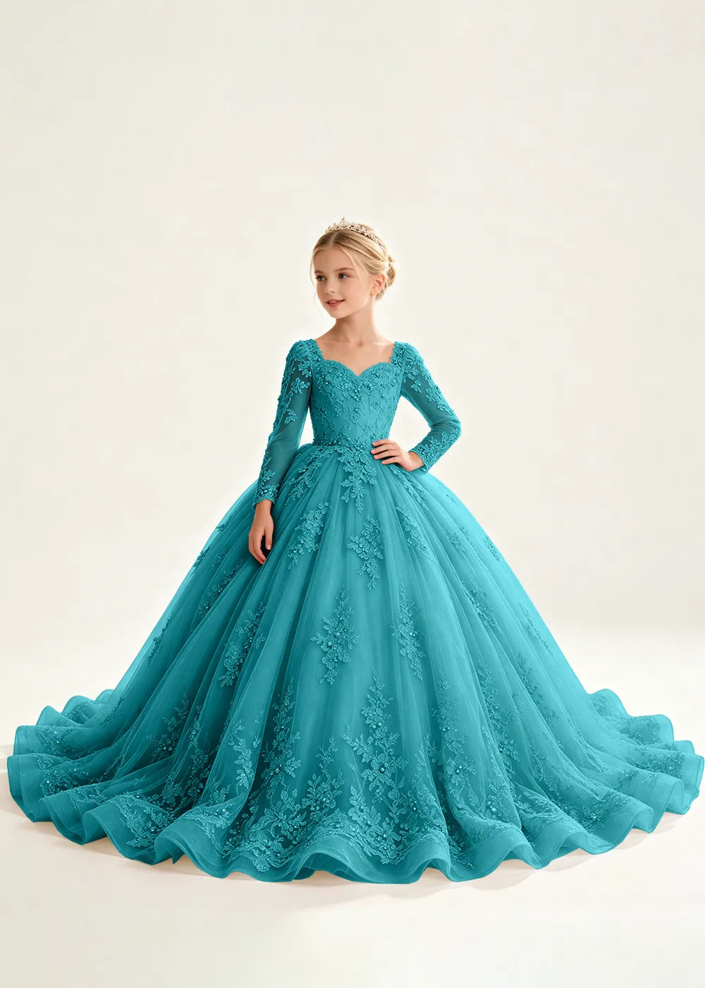 Navy Floral Flower Girl Gown with Long Sleeves