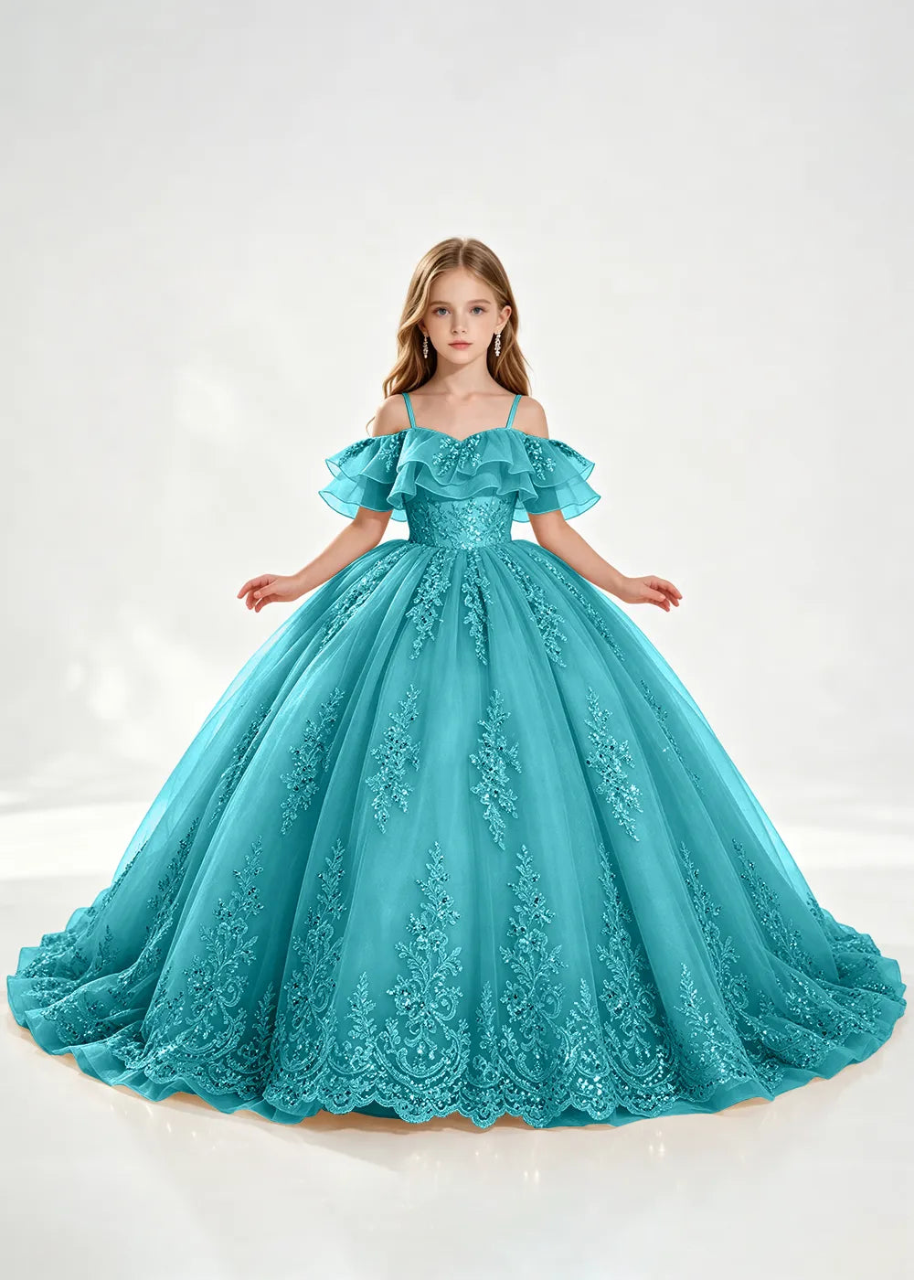 Slate Blue Off-Shoulder Lace-Hem Flower Girl Dress