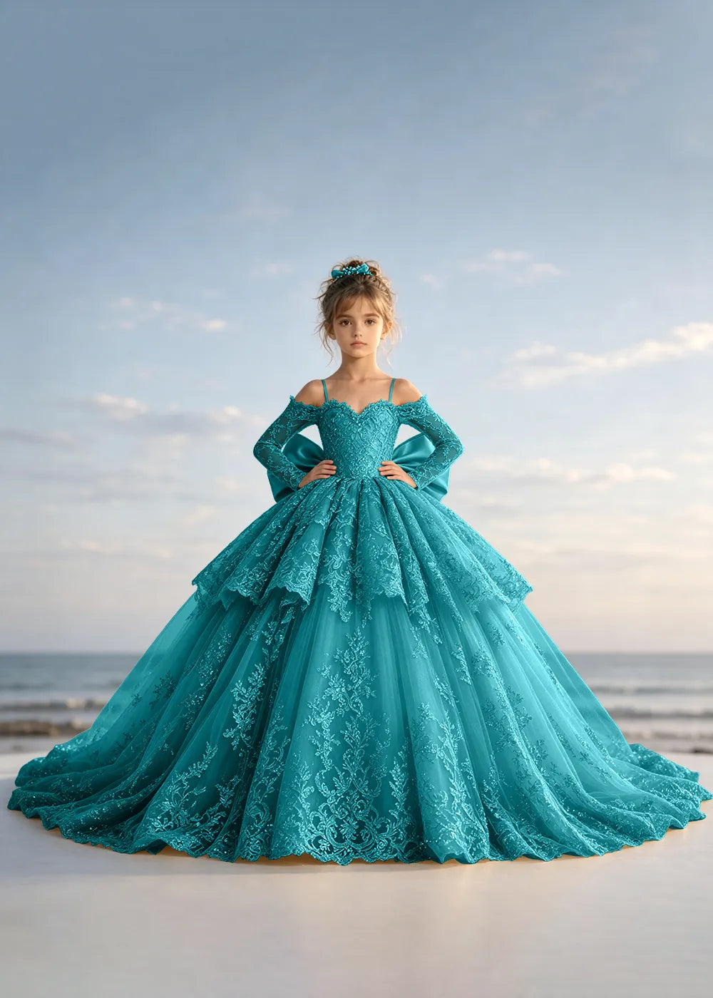 Navy Blue Lace Flower Girl Gown with Peplum and Trailing Satin Bow