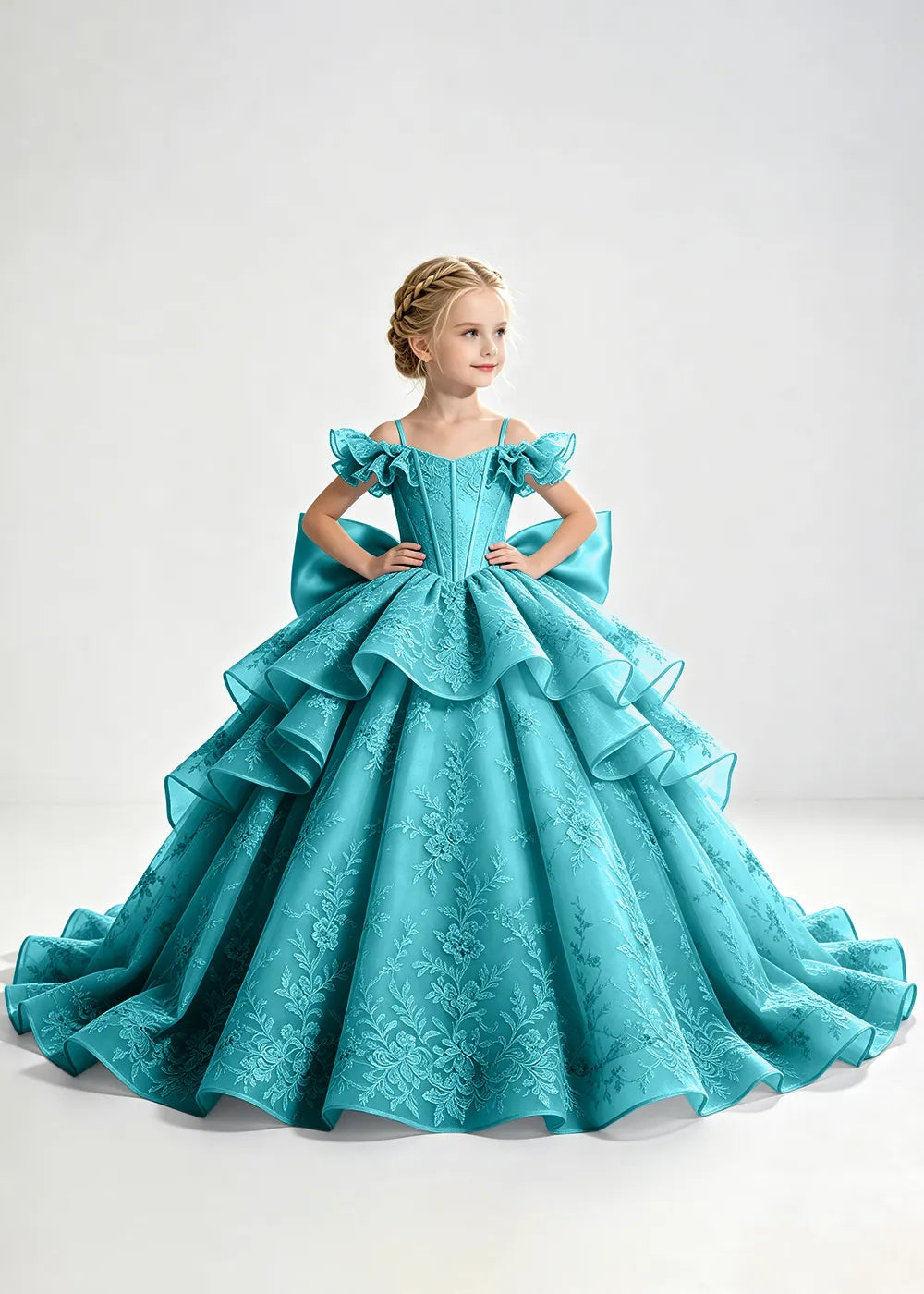 Slate Blue Lace-Up Rear-Bow Flower Girl Dress