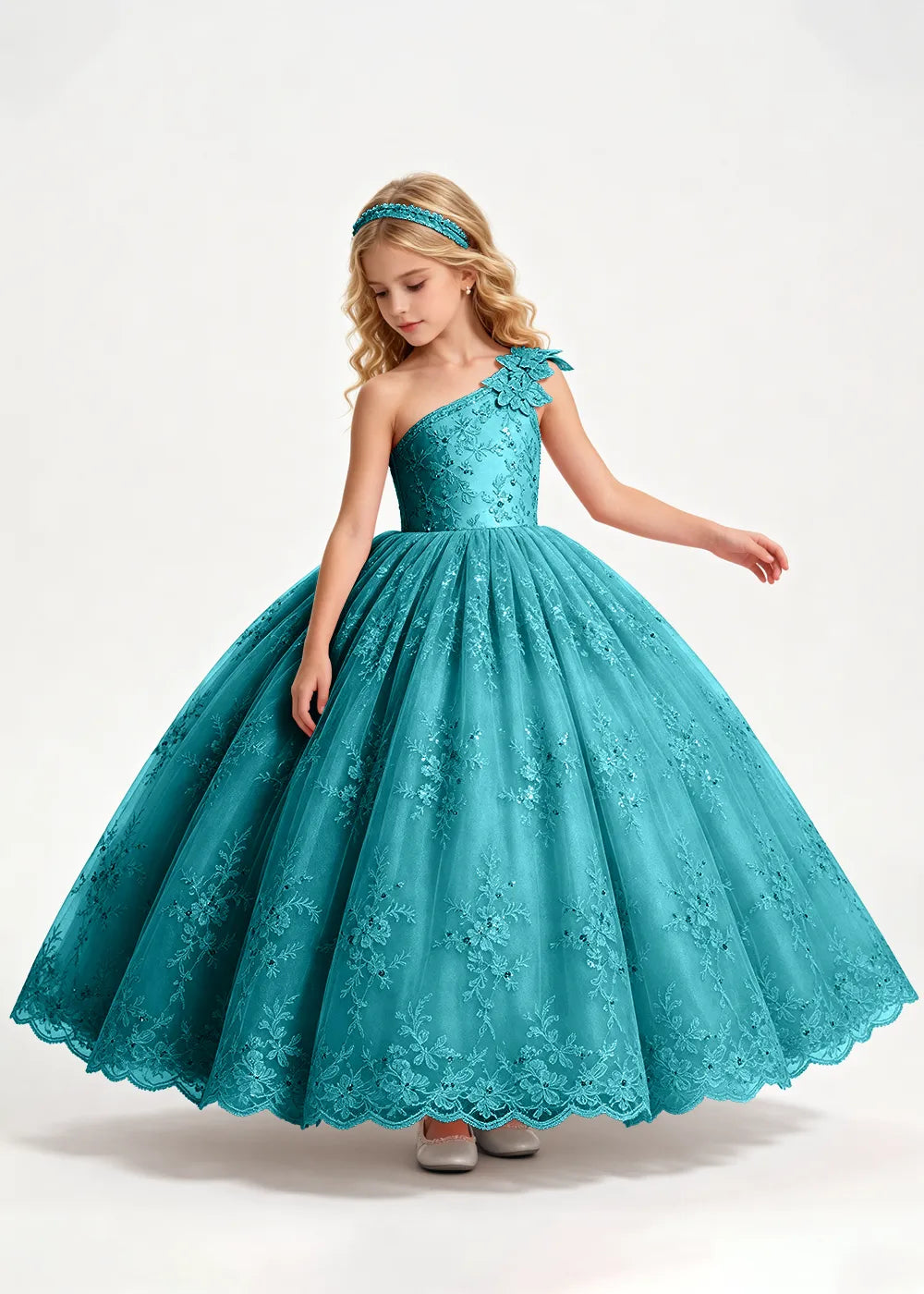 Navy One-Shoulder Flower Girl Gown with Scalloped Lace