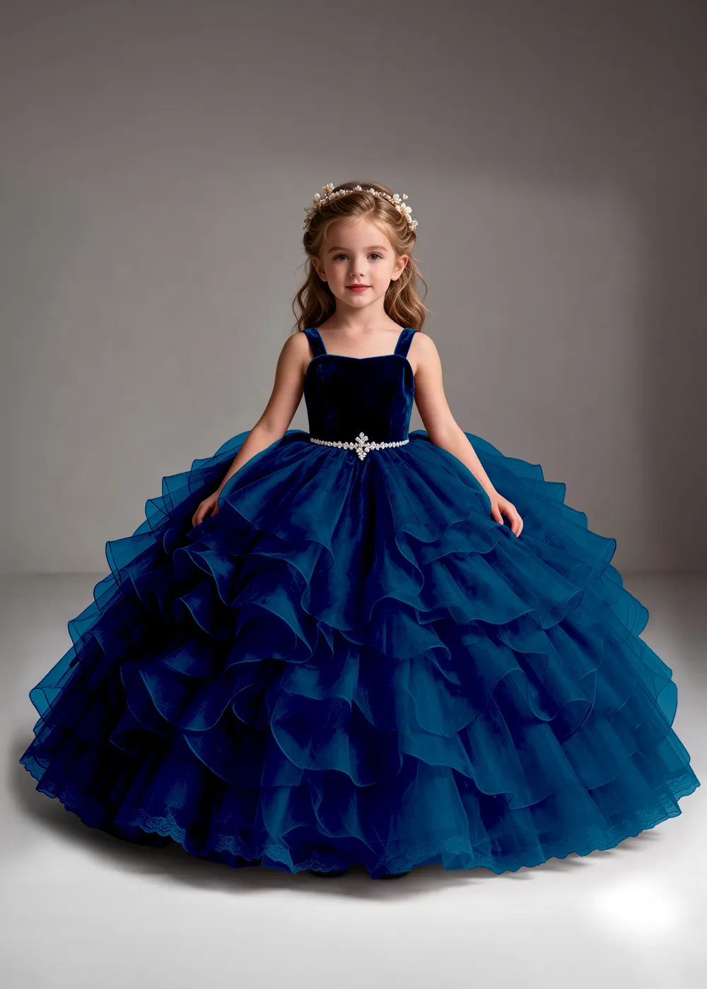 Burgundy Flower Girl Dress with Cascading Ruffles and Jeweled Waist