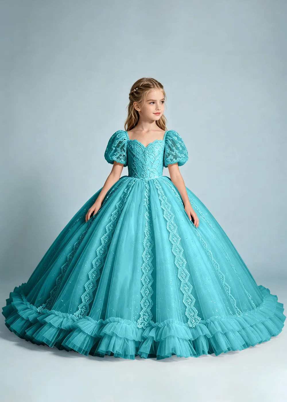 Navy Flower Girl Gown with Lace Puff Sleeves and Ruffled Hem