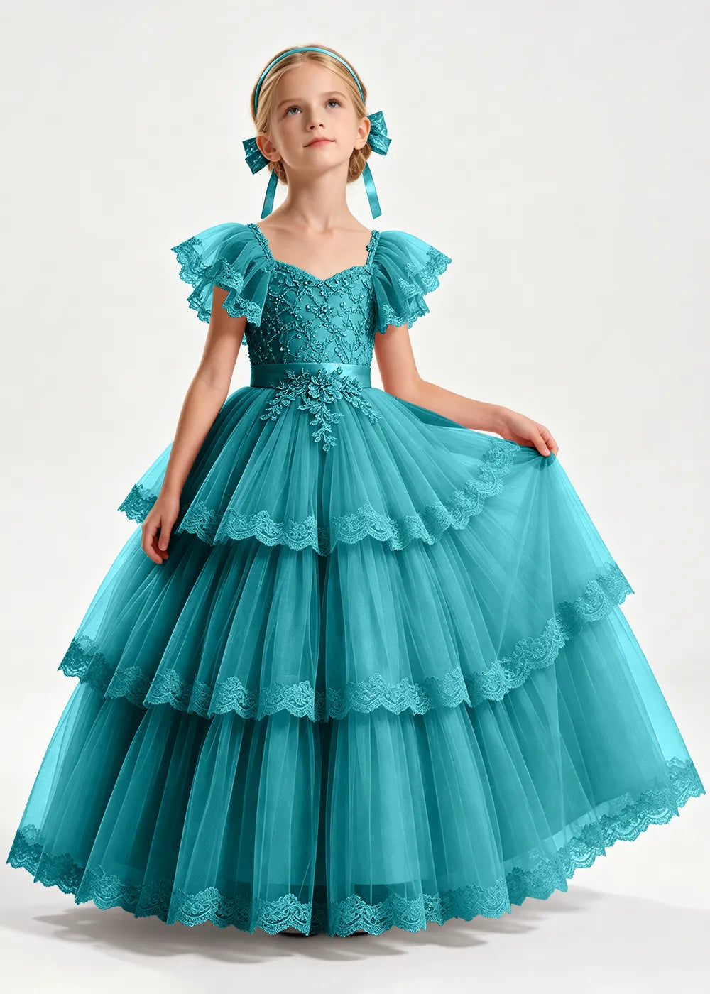 Navy Flower Girl Ball Gown with Three Lace-Edged Tiers
