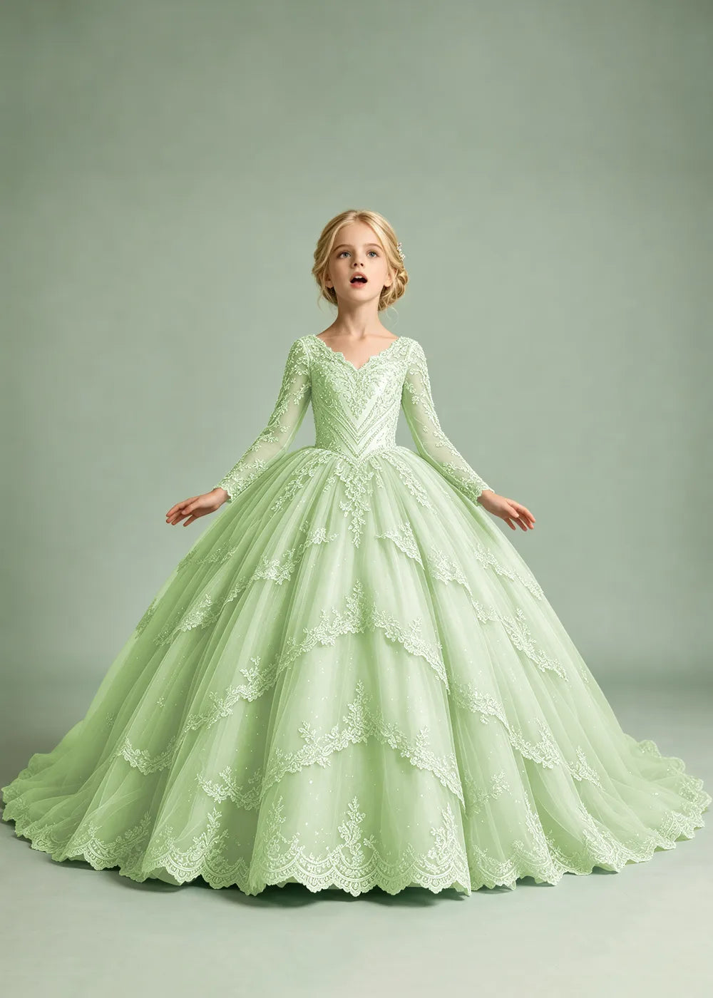 Long Sleeve Floral Lace Flower Girl Ball Gown Dress